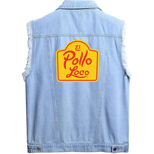 Men's El Pollo Loco  Sleeveless Distressed Denim Vest  Rugged Black Jean Jacket