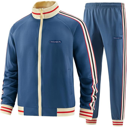 Men's Cinnabon Premium Two-Piece Designer Tracksuit with Bold Striped Accents and Zippered Front Elevated Athletic Wear