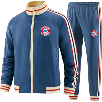 Men's FC Bayern Munich Premium Two-Piece Designer Tracksuit with Bold Striped Accents and Zippered Front Elevated Athletic Wear