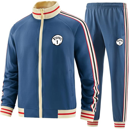 Men's Dr. Suess Thing 1  Premium Two-Piece Designer Tracksuit with Bold Striped Accents and Zippered Front Elevated Athletic Wear