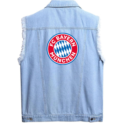 Men's FC Bayern Munich Sleeveless Distressed Denim Vest  Rugged Black Jean Jacket