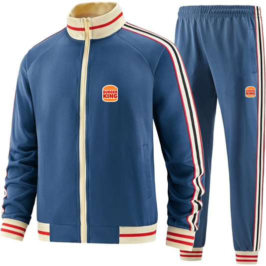 Men's Burger King Premium Two-Piece Designer Tracksuit with Bold Striped Accents and Zippered Front Elevated Athletic Wear