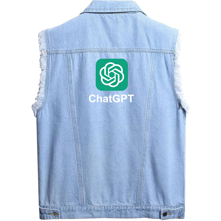 Men's ChatGPT Sleeveless Distressed Denim Vest  Rugged Black Jean Jacket