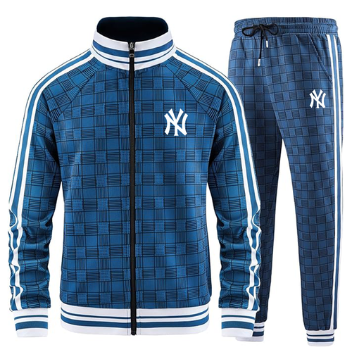 Men's  New York NY Yankees Tracksuits Full-zip Long Sleeve Plaid Track Jackets and Pants 2 Piece