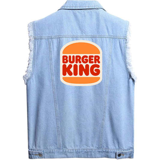 Men's Burger King Sleeveless Distressed Denim Vest  Rugged Black Jean Jacket