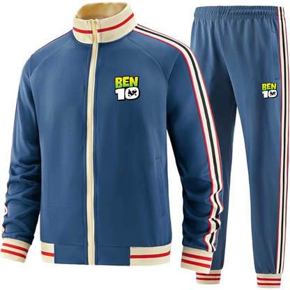 Men's Ben 10 Premium Two-Piece Designer Tracksuit with Bold Striped Accents and Zippered Front Elevated Athletic Wear