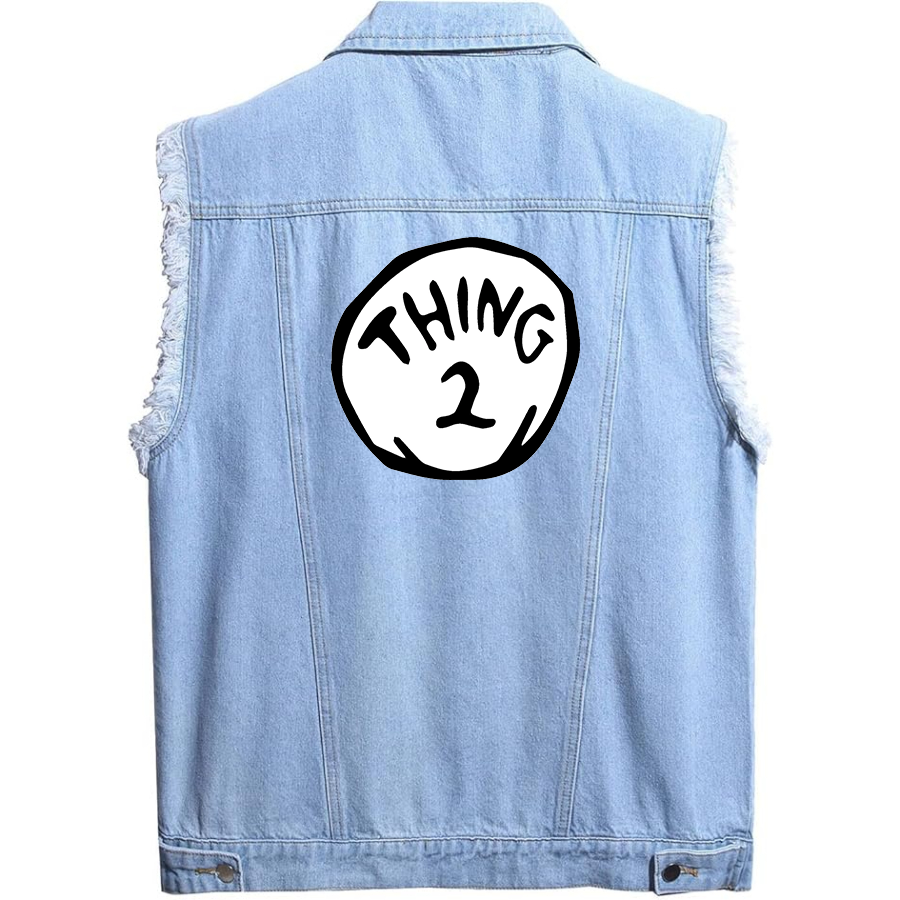 Men's Dr. Suess Thing 2  Sleeveless Distressed Denim Vest  Rugged Black Jean Jacket