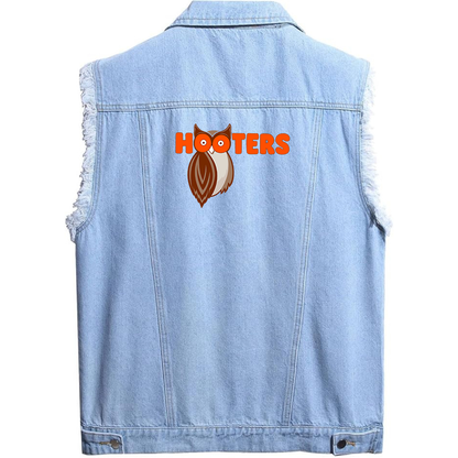 Men's Hooters Sleeveless Distressed Denim Vest  Rugged Black Jean Jacket