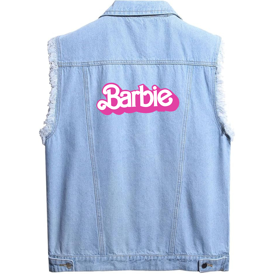 Men's Barbie Sleeveless Distressed Denim Vest  Rugged Black Jean Jacket