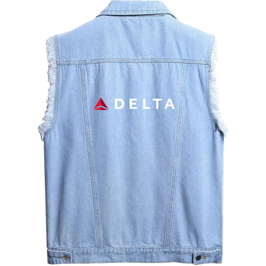 Men's Delta Airlines  Sleeveless Distressed Denim Vest  Rugged Black Jean Jacket