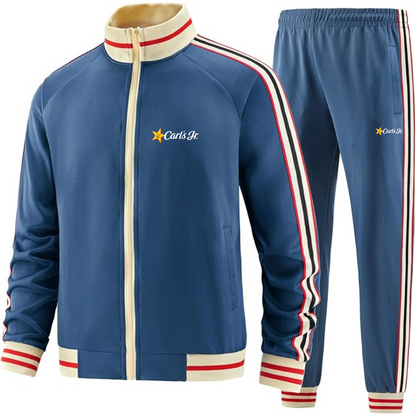 Men's Carl's Jr Premium Two-Piece Designer Tracksuit with Bold Striped Accents and Zippered Front Elevated Athletic Wear