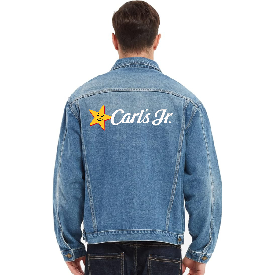 Men's Carl's Jr Vintage Distressed Denim Jacket Stylish Casual Jean Outerwear