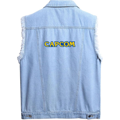 Men's Capcom  Sleeveless Distressed Denim Vest  Rugged Black Jean Jacket