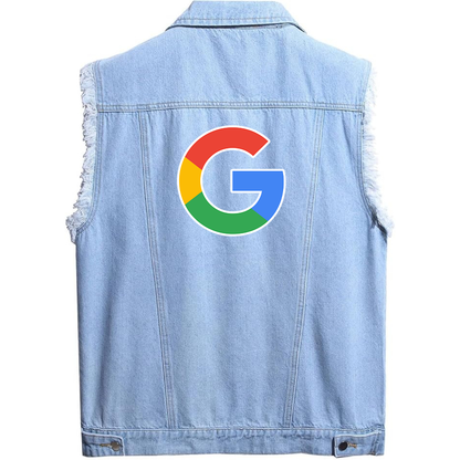 Men's Google Sleeveless Distressed Denim Vest  Rugged Black Jean Jacket