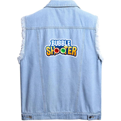 Men's Bubble Shooter Sleeveless Distressed Denim Vest  Rugged Black Jean Jacket