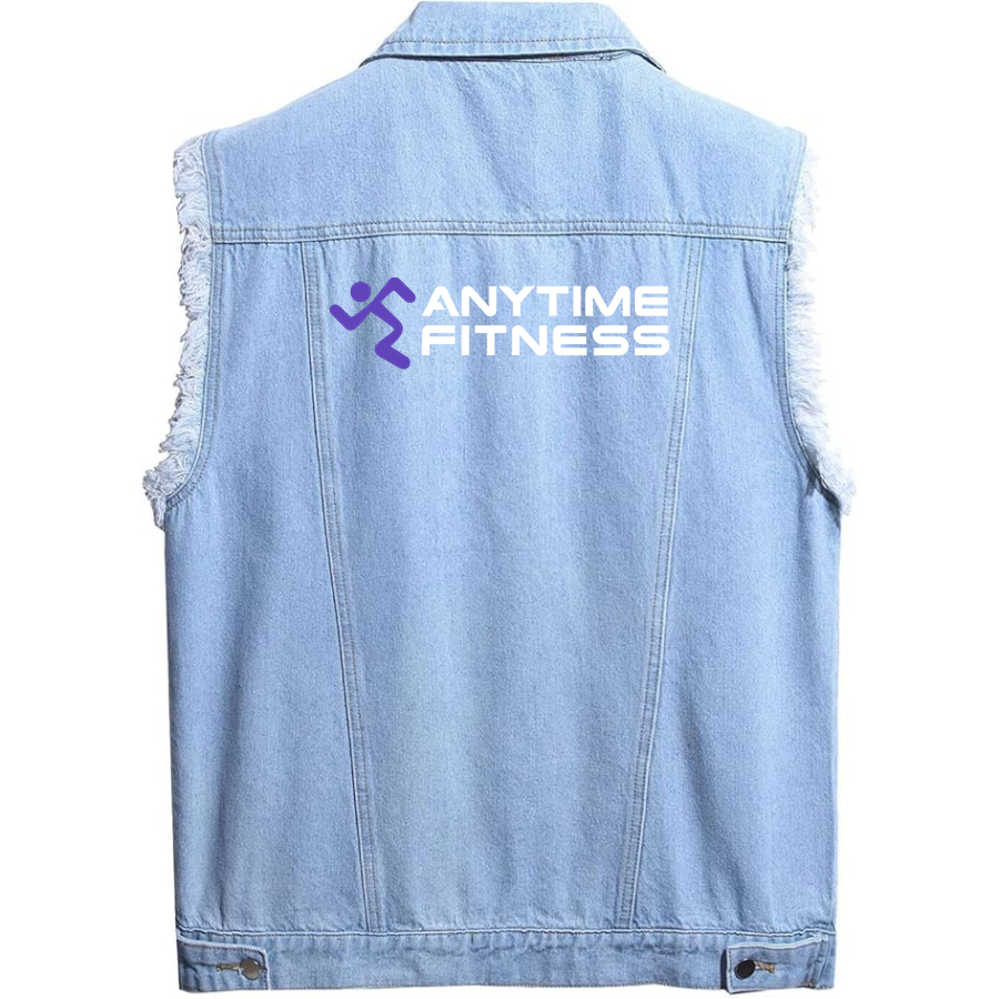 Men's Anytime Fitness Gym  Sleeveless Distressed Denim Vest  Rugged Black Jean Jacket