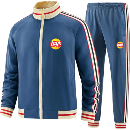 Men's Lays Premium Two-Piece Designer Tracksuit with Bold Striped Accents and Zippered Front Elevated Athletic Wear