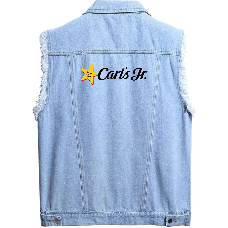 Men's Carl's Jr Sleeveless Distressed Denim Vest  Rugged Black Jean Jacket