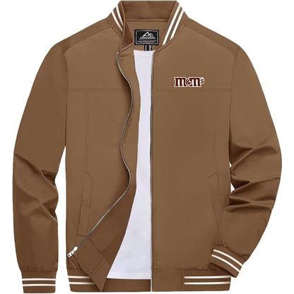 Men's M&M_s Lightweight Zip-Up Bomber Jacket with Ribbed Collar and Cuffs Versatile Casual Outerwear