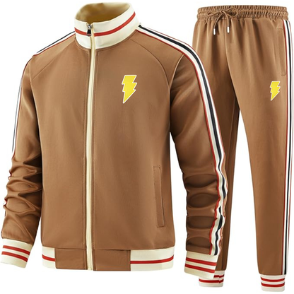 Men's Black Adam Two-Piece Designer Tracksuit with Bold Striped Accents and Zippered Front Elevated Athletic Wear