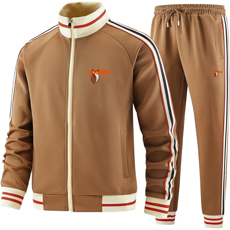 Hooters Two-Piece Designer Tracksuit with Bold Striped Accents and Zippered Front Elevated Athletic Wear