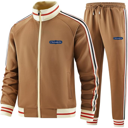 Men's Cinnabon Premium Two-Piece Designer Tracksuit with Bold Striped Accents and Zippered Front Elevated Athletic Wear