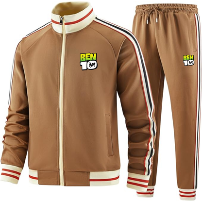 Men's Ben 10 Premium Two-Piece Designer Tracksuit with Bold Striped Accents and Zippered Front Elevated Athletic Wear