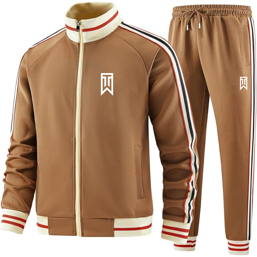 Men's Tiger Woods Premium Two-Piece Designer Tracksuit with Bold Striped Accents and Zippered Front Elevated Athletic Wear