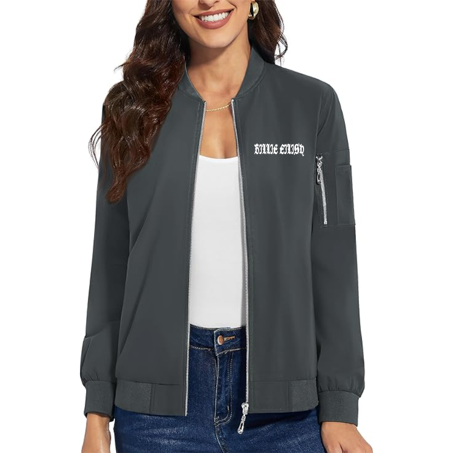 Women's Billie Eilish Premium Bomber Jacket with Polished Detailing and Functional Sleeve Pocket Modern Luxury Outerwear