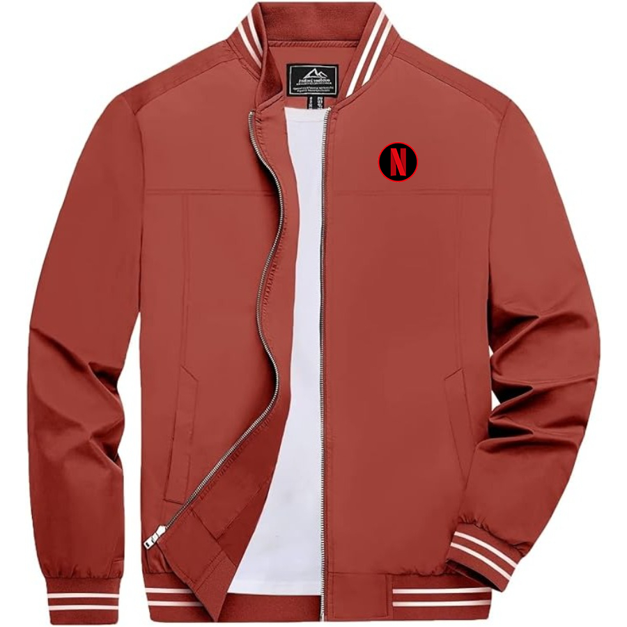 Men's Netflix Lightweight Zip-Up Bomber Jacket with Ribbed Collar and Cuffs Versatile Casual Outerwear