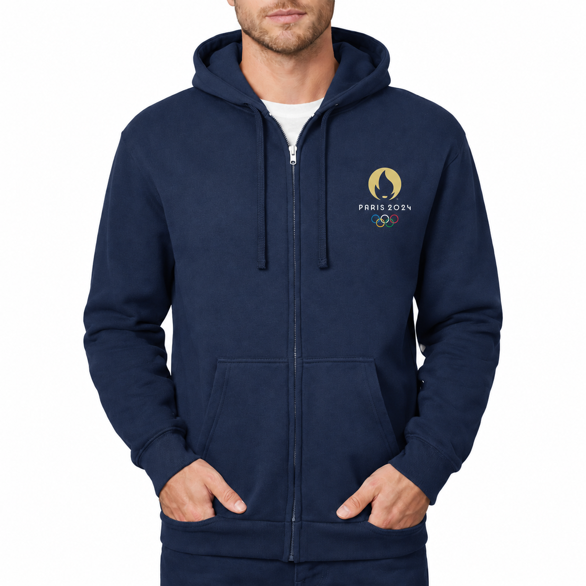 Men's Olympics 2024 Paris White Zipper Hoodie - Navy
