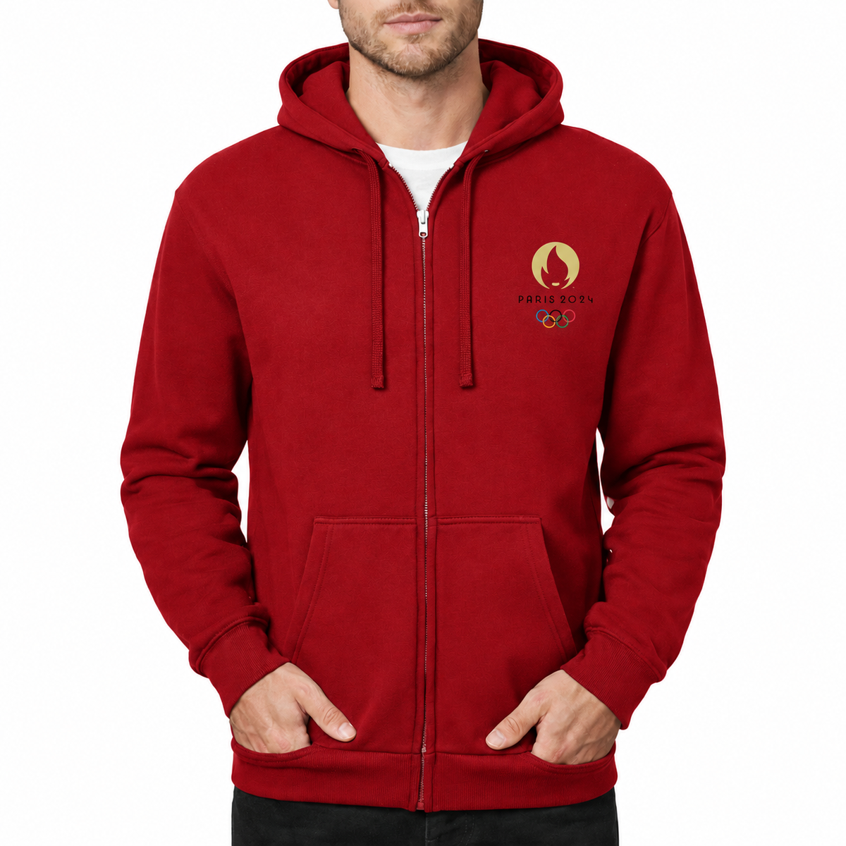 Men's Olympics 2024 Paris Black Zipper Hoodie - Red