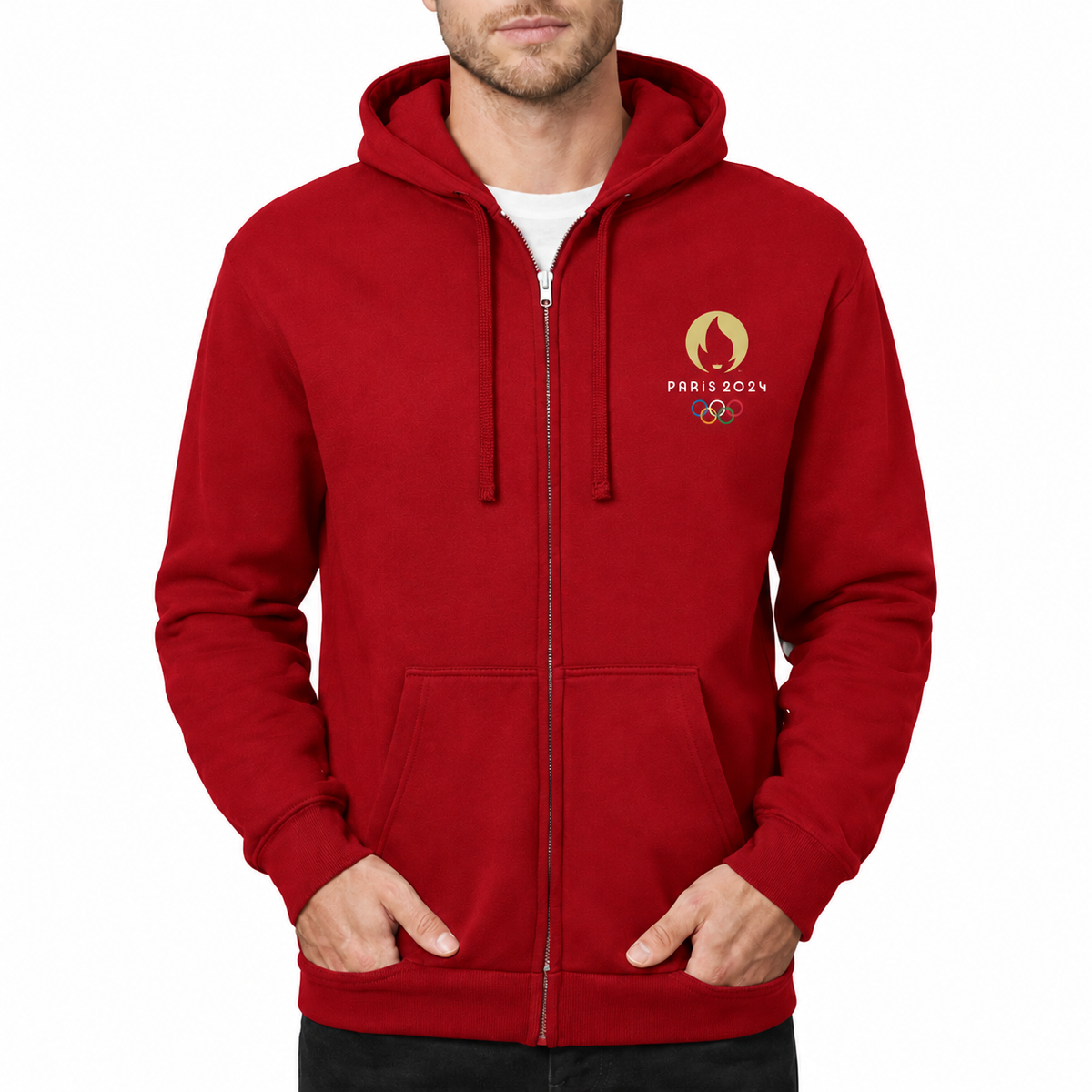 Men's Olympics 2024 Paris White Zipper Hoodie - Red