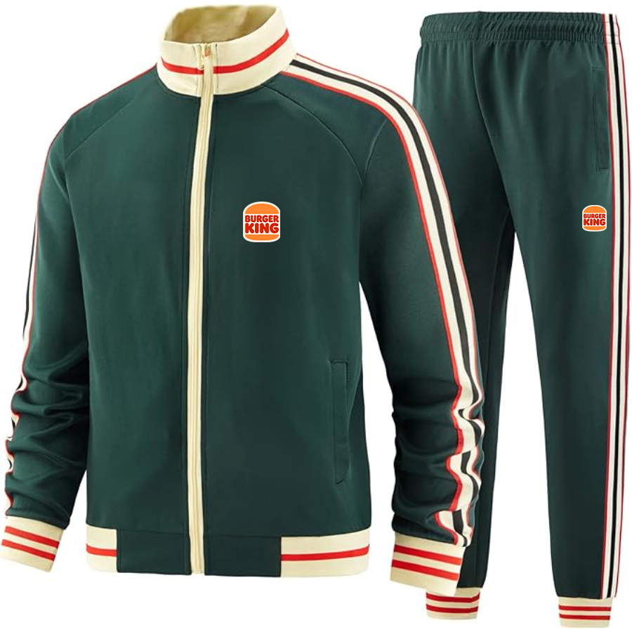 Men's Burger King Premium Two-Piece Designer Tracksuit with Bold Striped Accents and Zippered Front Elevated Athletic Wear