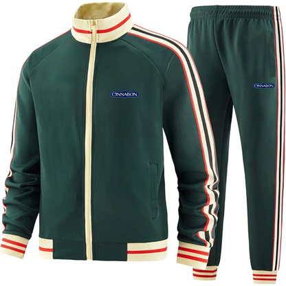 Men's Cinnabon Premium Two-Piece Designer Tracksuit with Bold Striped Accents and Zippered Front Elevated Athletic Wear