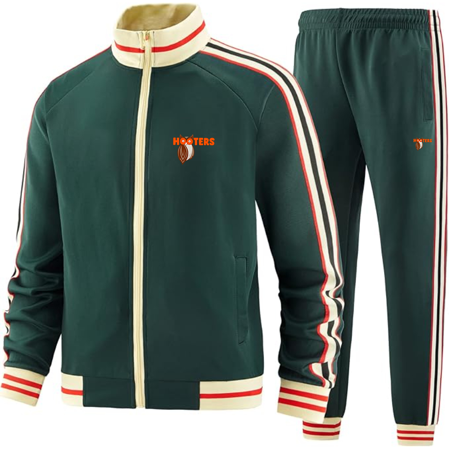 Hooters Two-Piece Designer Tracksuit with Bold Striped Accents and Zippered Front Elevated Athletic Wear