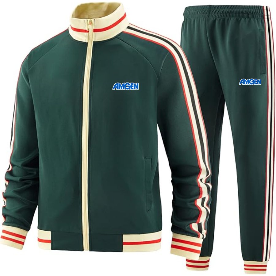 Men's  Amgen Two-Piece Designer Tracksuit with Bold Striped Accents and Zippered Front Elevated Athletic Wear