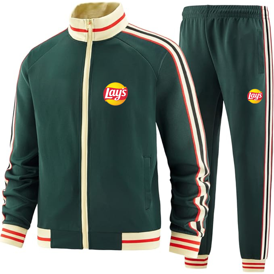 Men's Lays Premium Two-Piece Designer Tracksuit with Bold Striped Accents and Zippered Front Elevated Athletic Wear