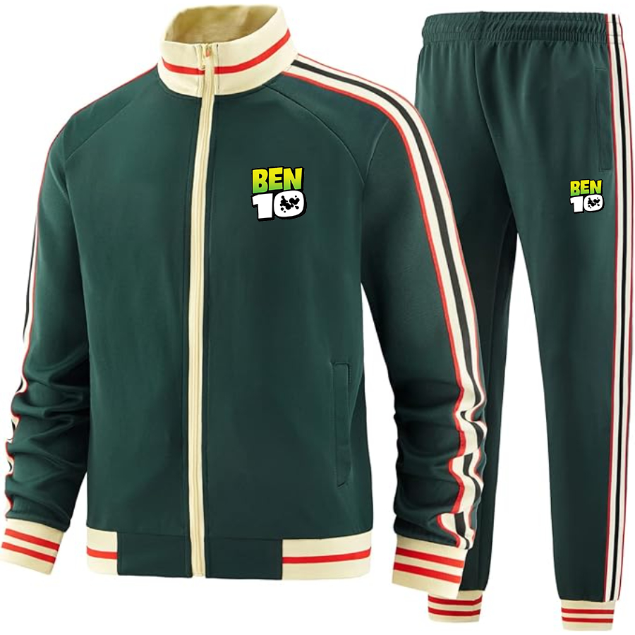 Men's Ben 10 Premium Two-Piece Designer Tracksuit with Bold Striped Accents and Zippered Front Elevated Athletic Wear