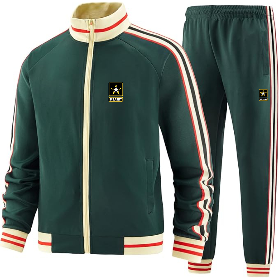 Men's U.S. ARMY Premium Two-Piece Designer Tracksuit with Bold Striped Accents and Zippered Front Elevated Athletic Wear