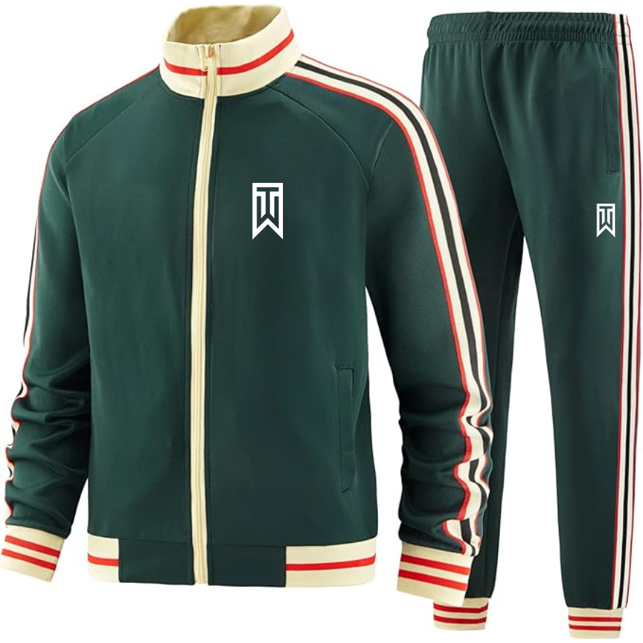 Men's Tiger Woods Premium Two-Piece Designer Tracksuit with Bold Striped Accents and Zippered Front Elevated Athletic Wear