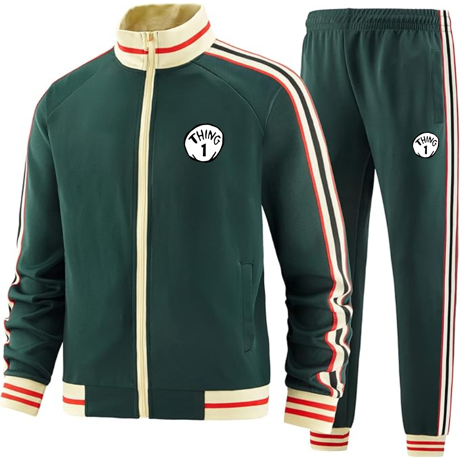 Men's Dr. Suess Thing 1  Premium Two-Piece Designer Tracksuit with Bold Striped Accents and Zippered Front Elevated Athletic Wear