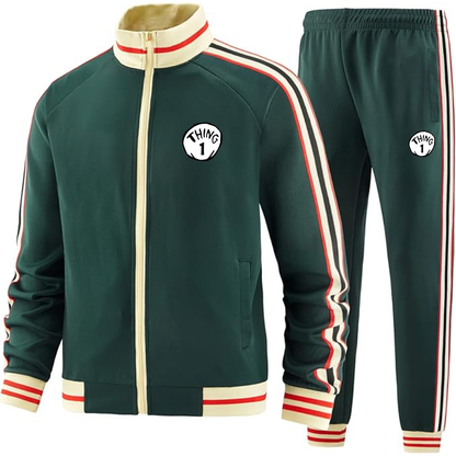 Men's Dr. Suess Thing 1  Premium Two-Piece Designer Tracksuit with Bold Striped Accents and Zippered Front Elevated Athletic Wear