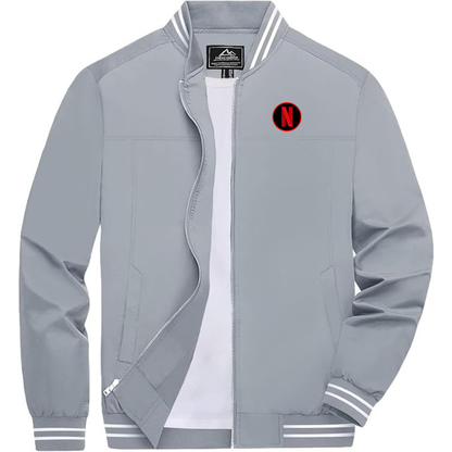 Men's Netflix Lightweight Zip-Up Bomber Jacket with Ribbed Collar and Cuffs Versatile Casual Outerwear