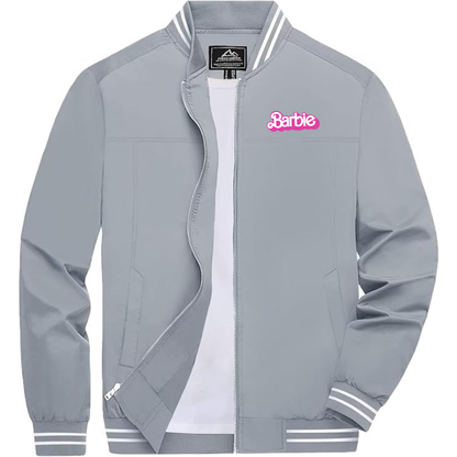 Men's Barbie Lightweight Zip-Up Bomber Jacket with Ribbed Collar and Cuffs Versatile Casual Outerwear