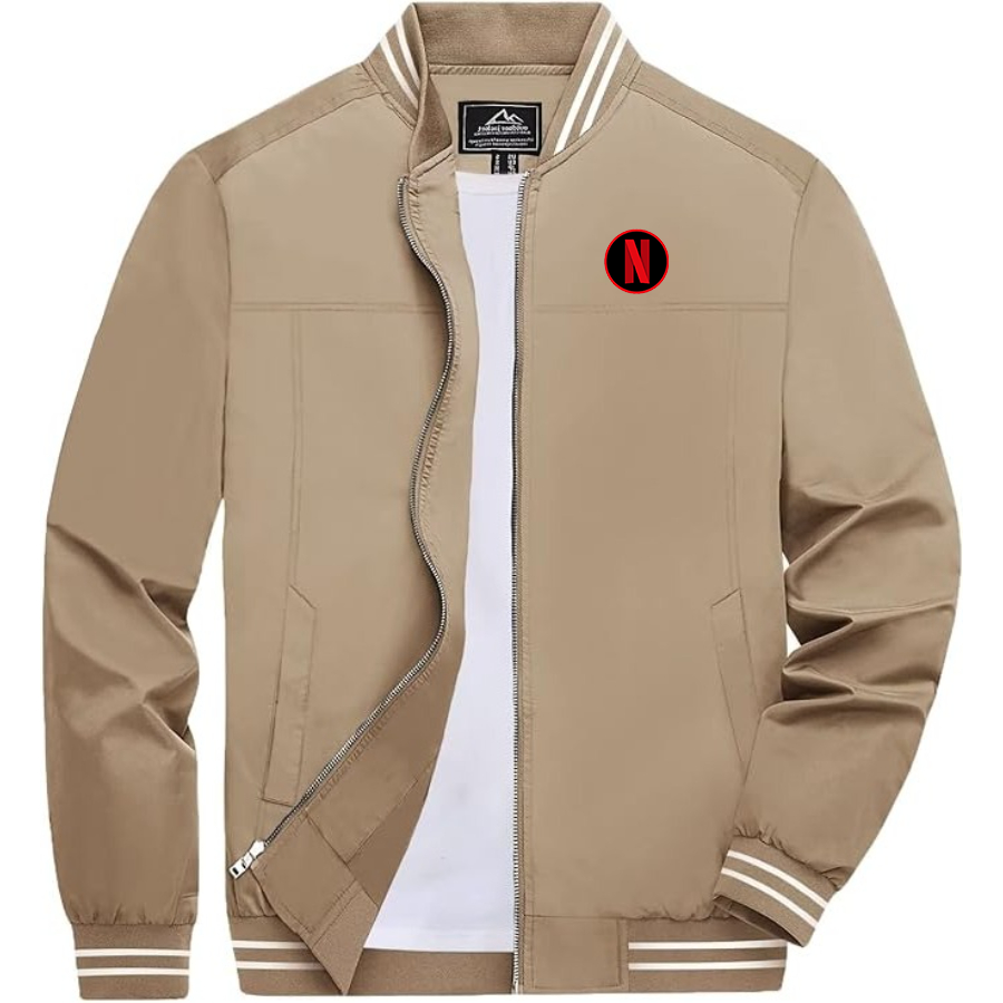 Men's Netflix Lightweight Zip-Up Bomber Jacket with Ribbed Collar and Cuffs Versatile Casual Outerwear