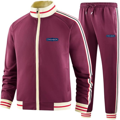 Men's Cinnabon Premium Two-Piece Designer Tracksuit with Bold Striped Accents and Zippered Front Elevated Athletic Wear