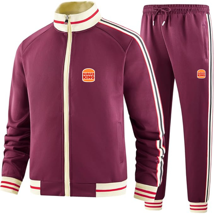 Men's Burger King Premium Two-Piece Designer Tracksuit with Bold Striped Accents and Zippered Front Elevated Athletic Wear