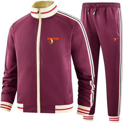 Hooters Two-Piece Designer Tracksuit with Bold Striped Accents and Zippered Front Elevated Athletic Wear