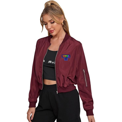 Women's Tetris Lightweight Bomber Biker Jacket Zip up Windbreaker Crop Bomber Jacket Coat